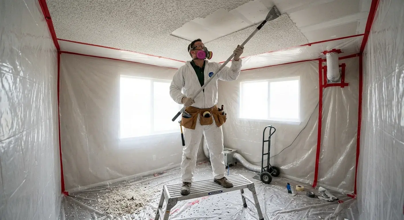 A professional in full protective gear (respirator, suit) carefully scraping a popcorn ceiling inside a sealed plastic containment area.