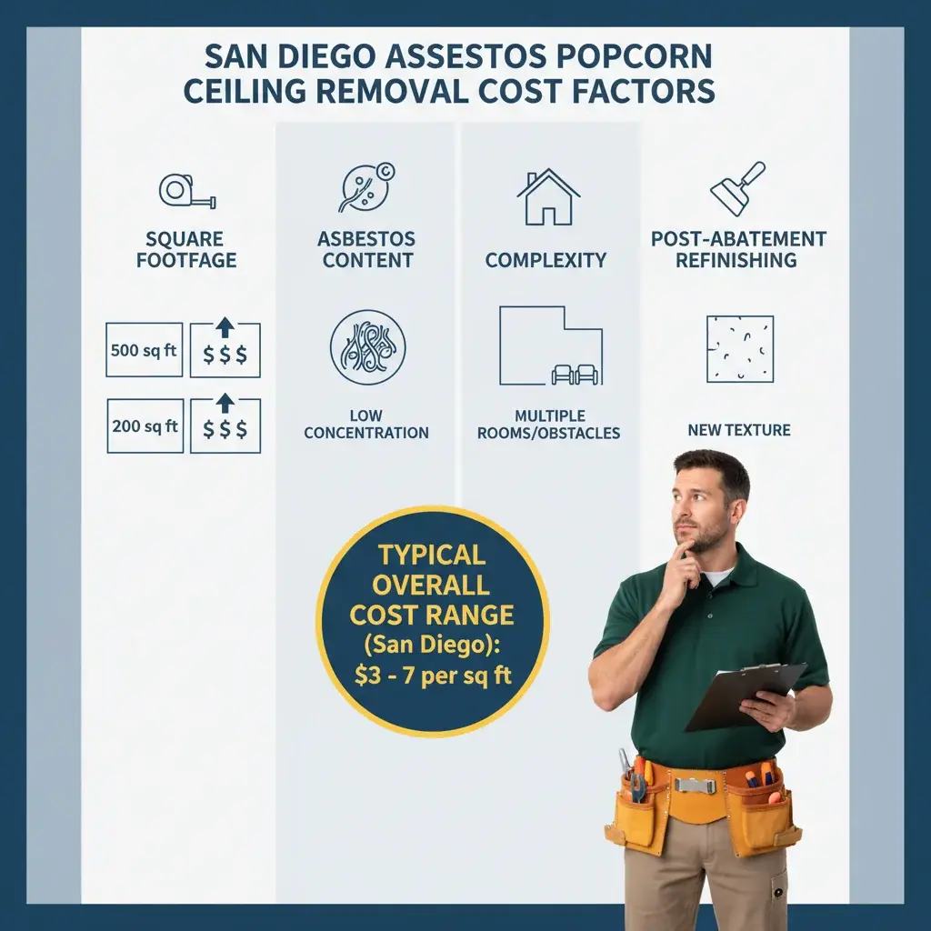 Infographic detailing the typical costs and factors influencing asbestos popcorn ceiling removal in San Diego County.