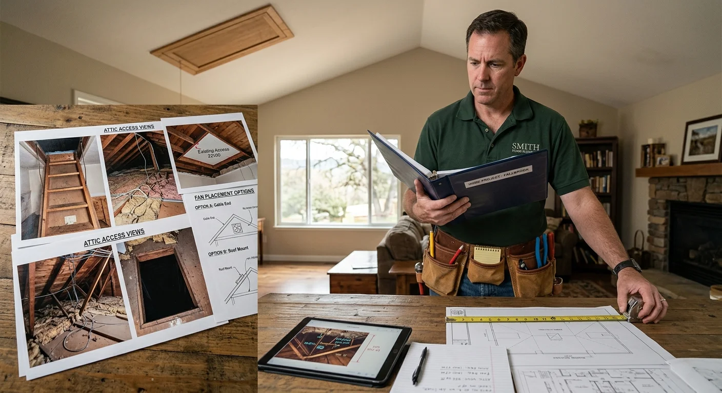 Fallbrook homeowner reviewing attic access and fan placement photos
