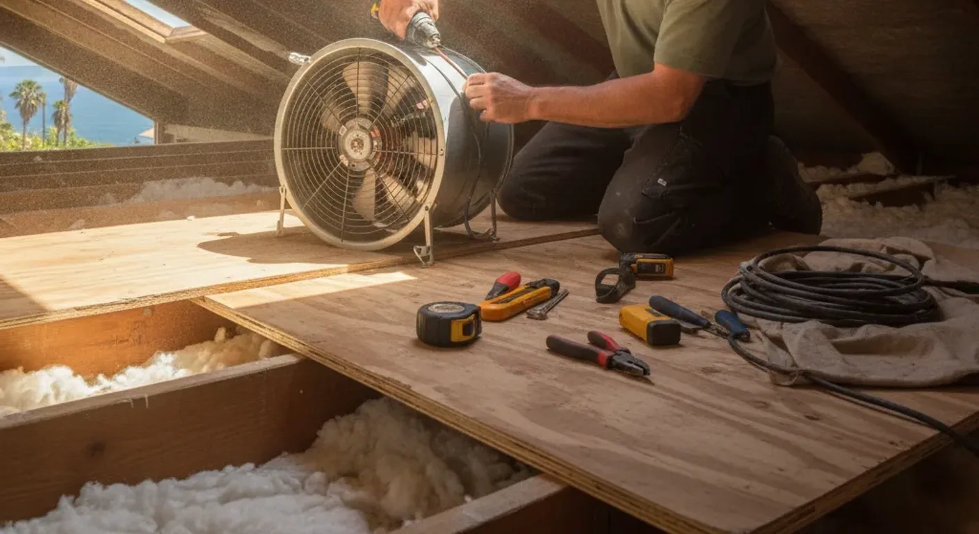 A handyman working on attic ventilation in a San Diego home on a sunny day