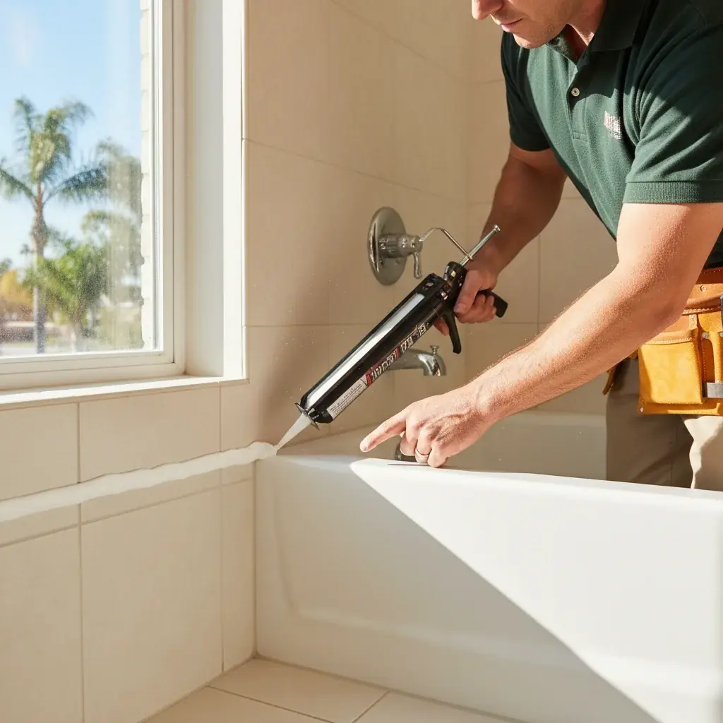 A handyman applying a fresh bead of white silicone caulk along a bathtub edge in a sunny San Diego bathroom