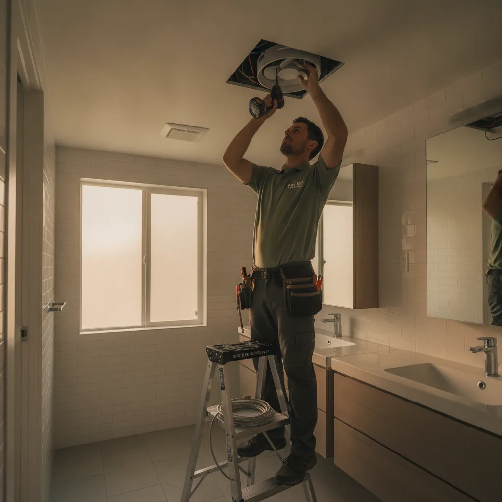 A handyman on a step stool fitting a new white bathroom exhaust fan into the ceiling of a bright San Diego bathroom.