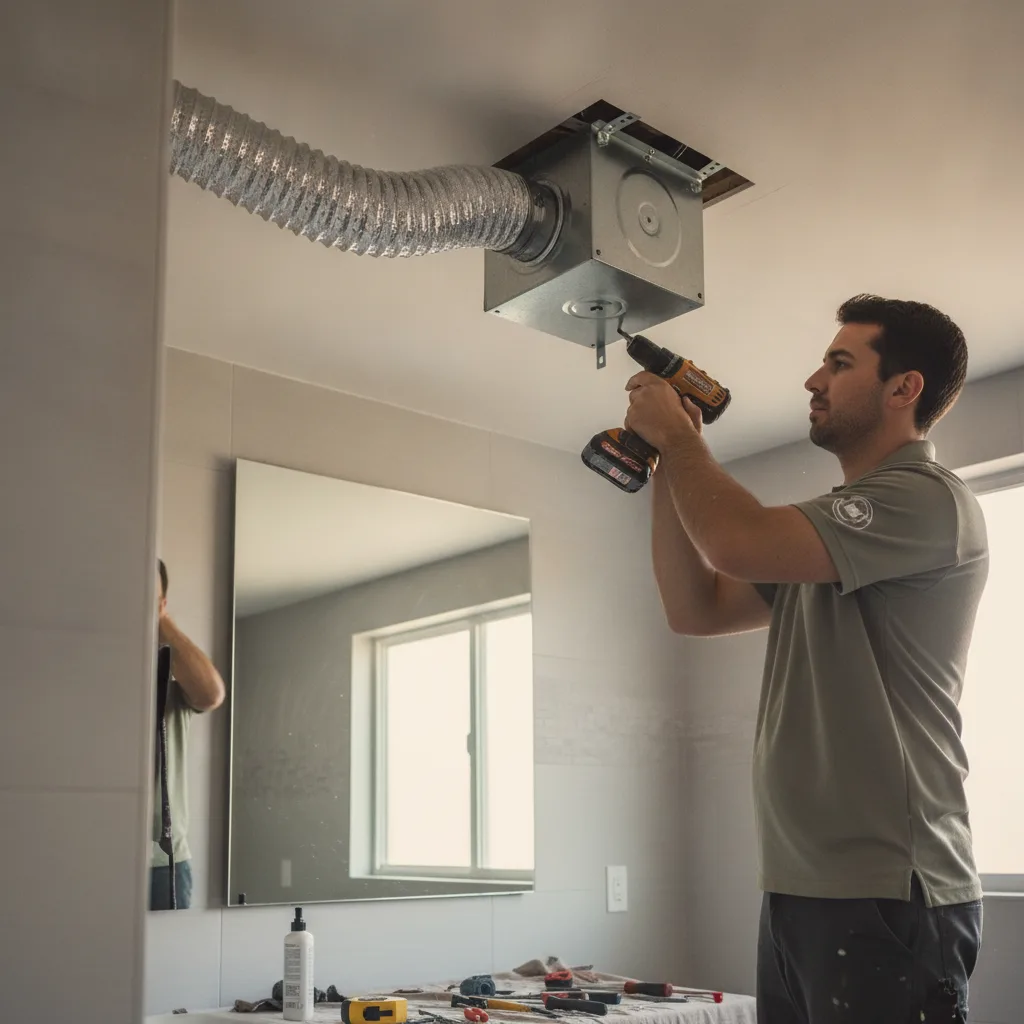 Close-up of a new ceiling exhaust fan housing with a duct connected, installed in a San Diego bathroom.