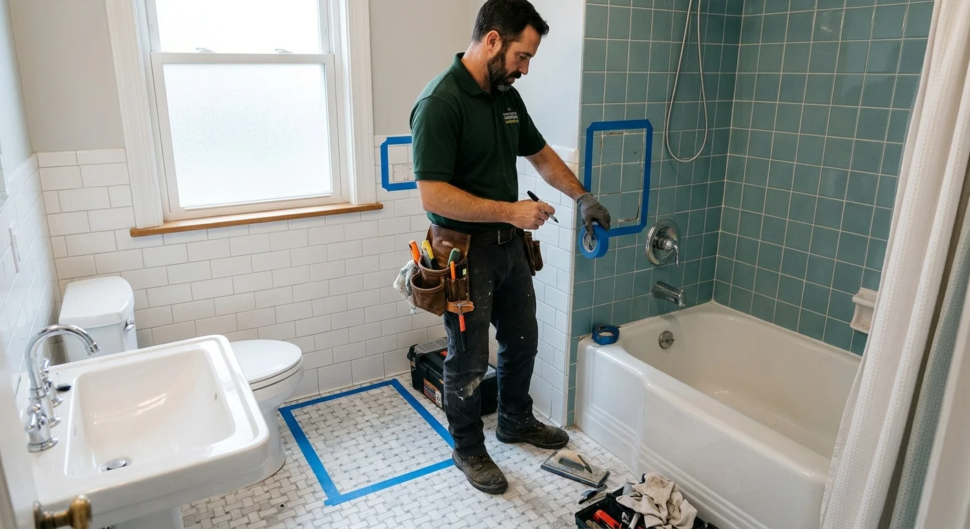 Bathroom with floor, wall, and tub-surround tile marked as separate areas