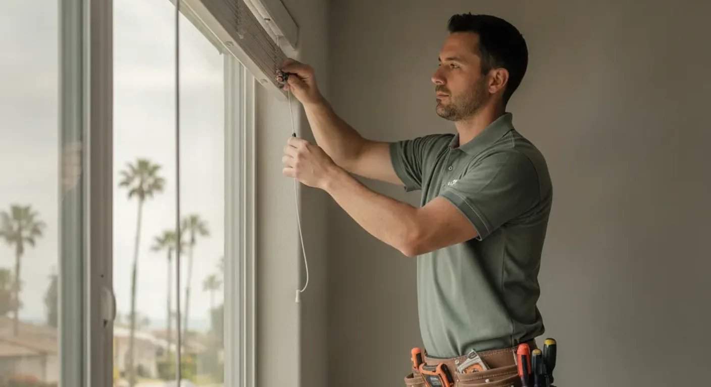 Handyman adjusting window blinds on a San Diego home, checking cord tension and headrail mounting