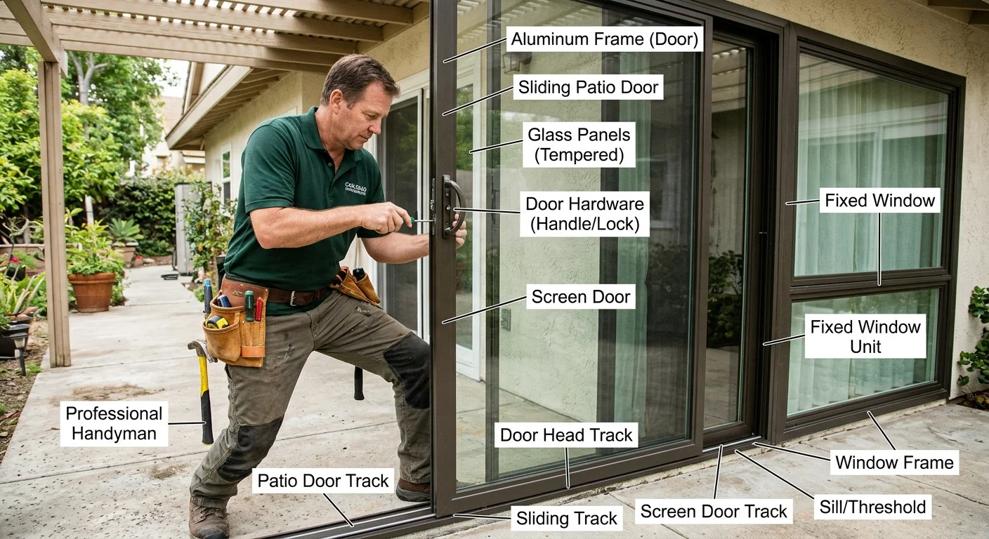 Carlsbad patio door and window with frame, screen, hardware, and track labeled