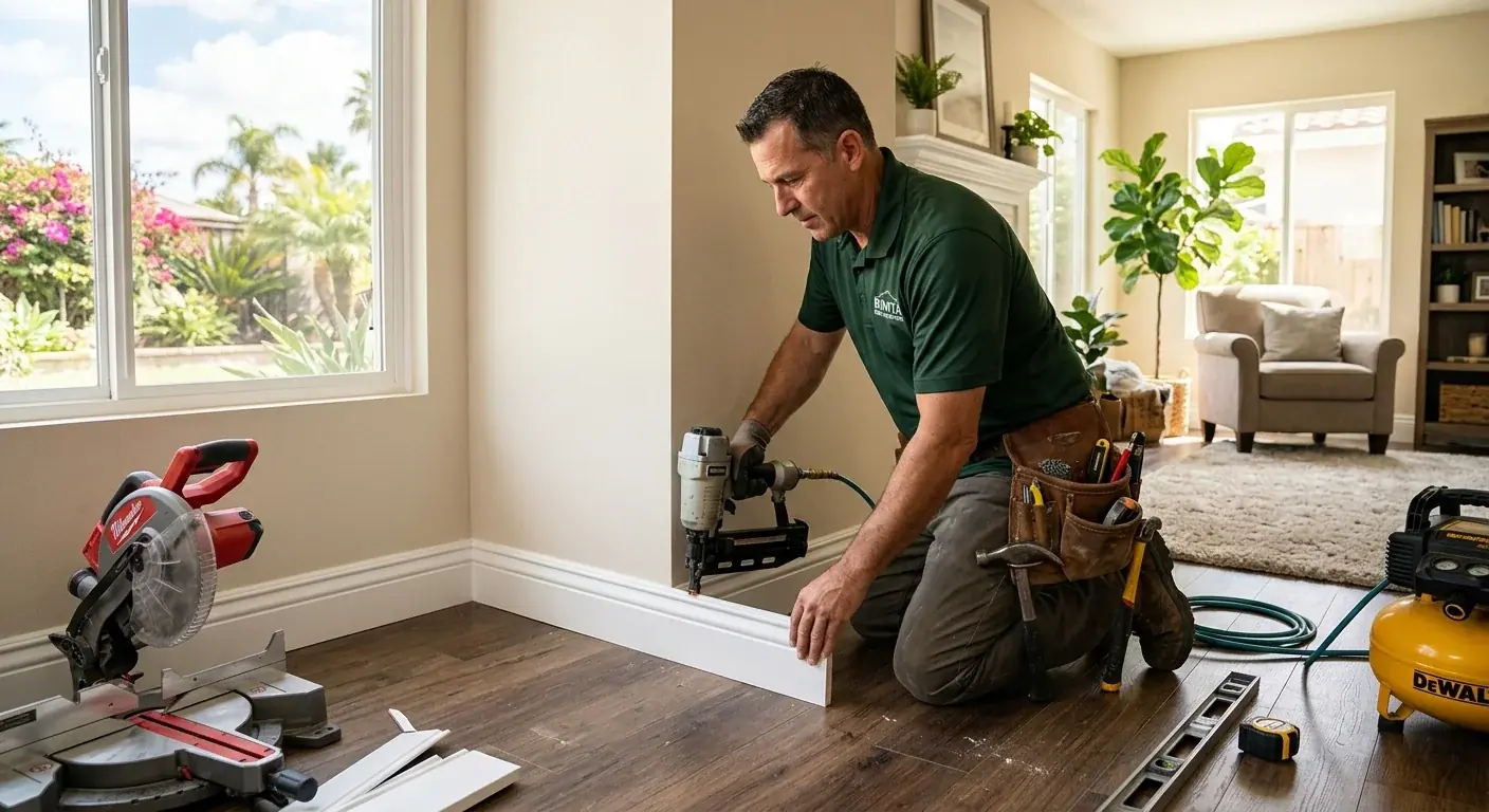 A handyman carefully installing new baseboard trim in a sunlit living room of a suburban home in Bonita, California.