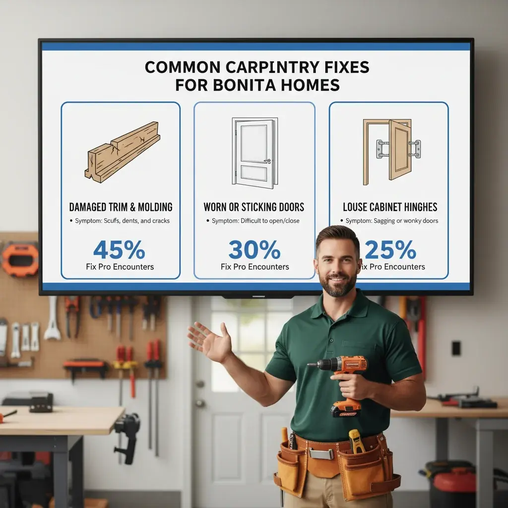 Infographic showing the top three common carpentry issues in Bonita homes: damaged trim, worn doors, and loose cabinet hinges.