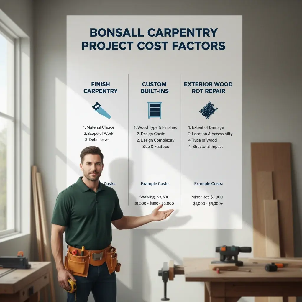 Infographic detailing factors that influence carpentry costs in Bonsall, including project type, material quality, project scope, and labor, with example cost ranges for trim, cabinets, and wood rot repair.