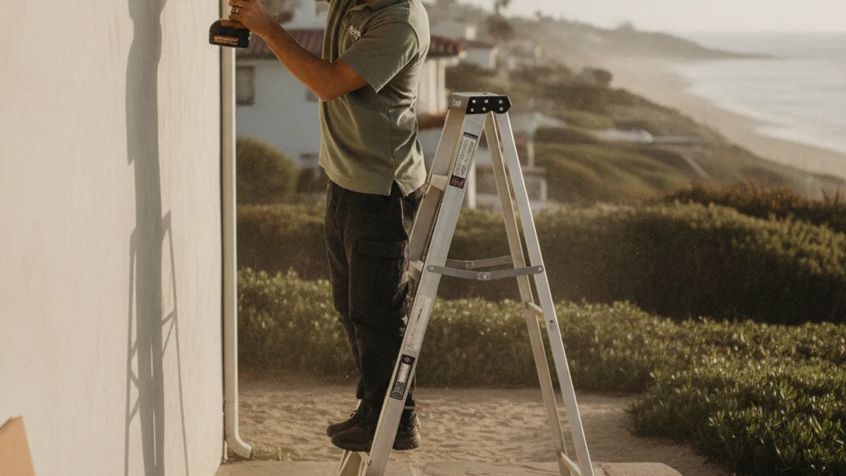 A handyman repairing salt-air damaged exterior wood trim on a coastal home in Del Mar