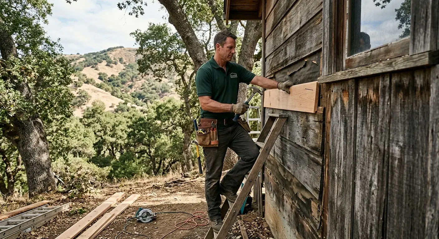 A handyman replacing weathered siding on a rustic home in Descanso, with oak trees and hills in the background.