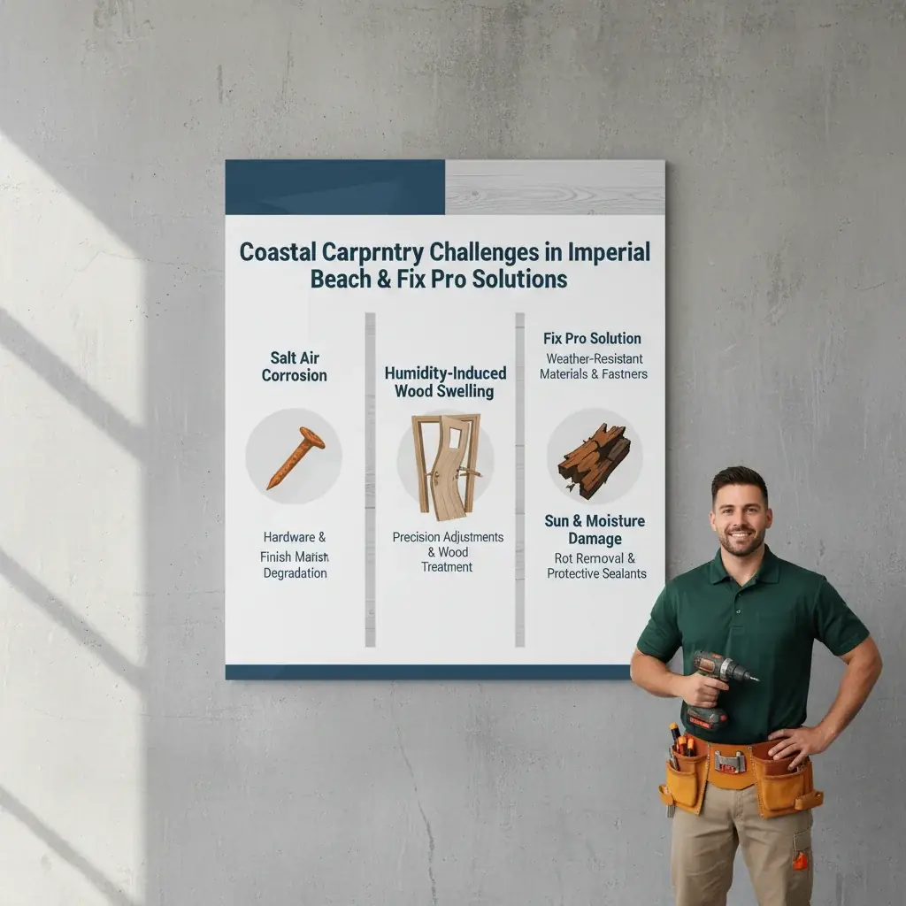 Infographic illustrating common coastal carpentry issues in Imperial Beach homes, including salt air corrosion, wood swelling from humidity, and sun damage, with typical repair solutions.