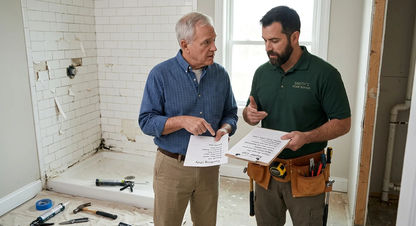 Homeowner comparing a caulking project with a mixed repair list