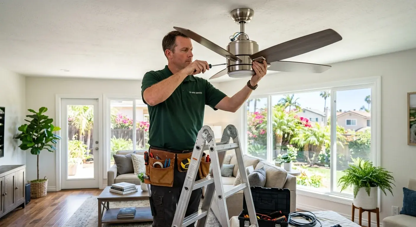 A handyman on a ladder carefully attaching a blade to a new, modern ceiling fan in a bright San Diego living room.