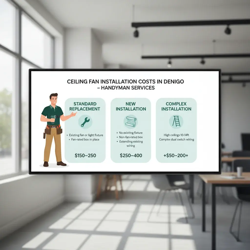 Infographic detailing average ceiling fan installation costs in San Diego for standard replacement, new installation, and complex projects, with factors affecting price.