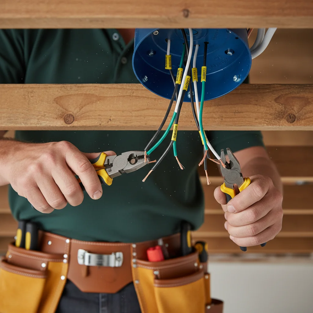 Close-up of a fan-rated junction box mounted between two ceiling joists, electrical wires labeled and ready for connection