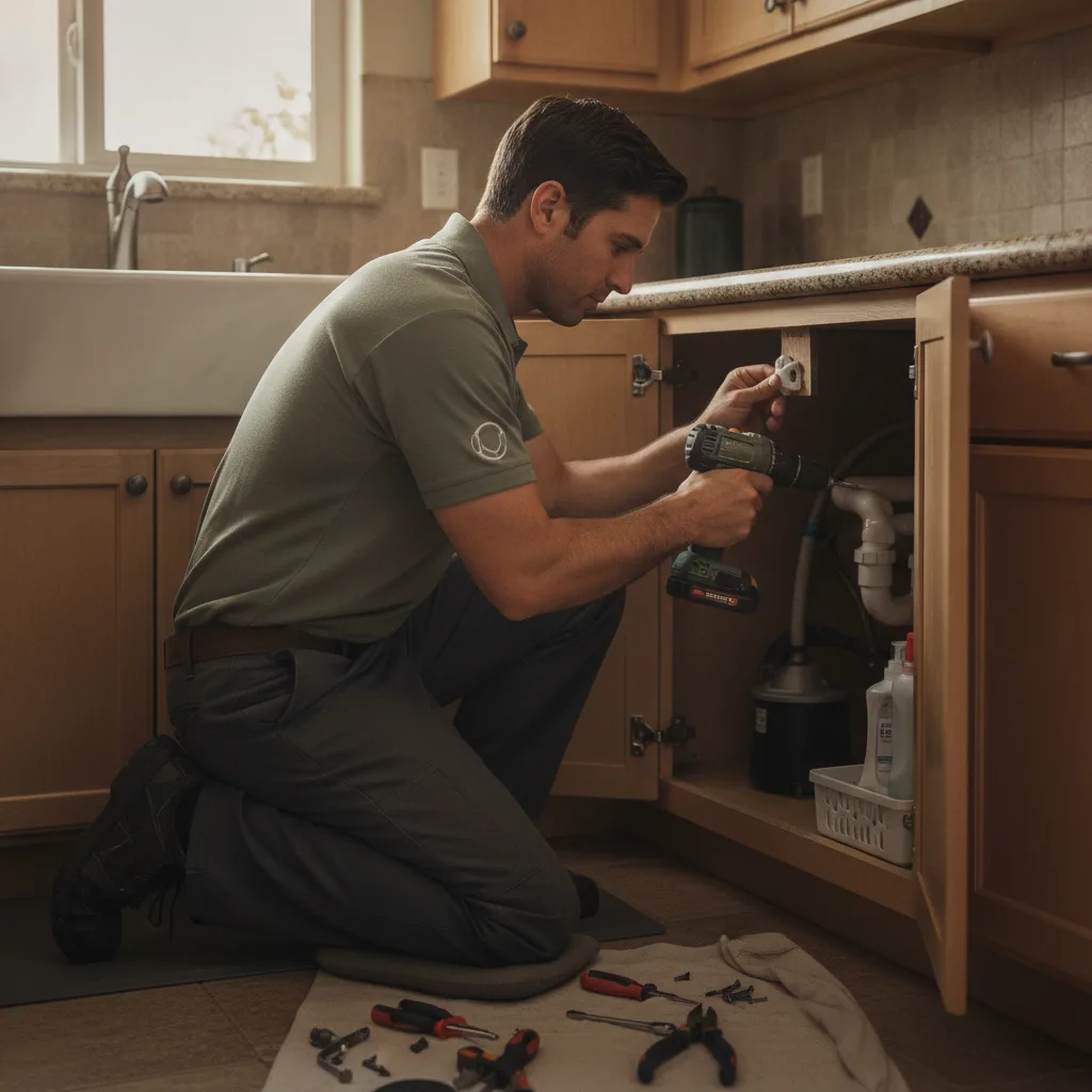 Un manitas con polo verde salvia instalando un seguro de gabinete debajo del fregadero de la cocina en una casa de San Diego