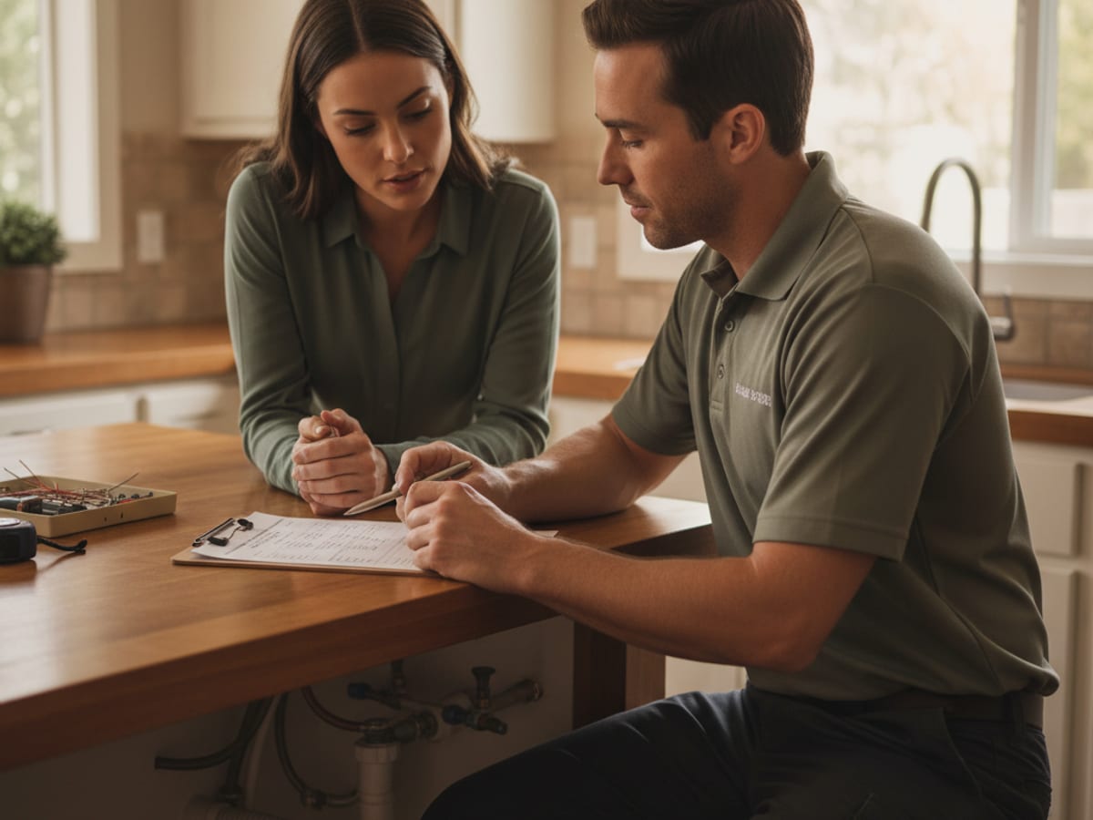 Close-up of a handyman reviewing a written work order with a homeowner at a kitchen counter, pen in hand