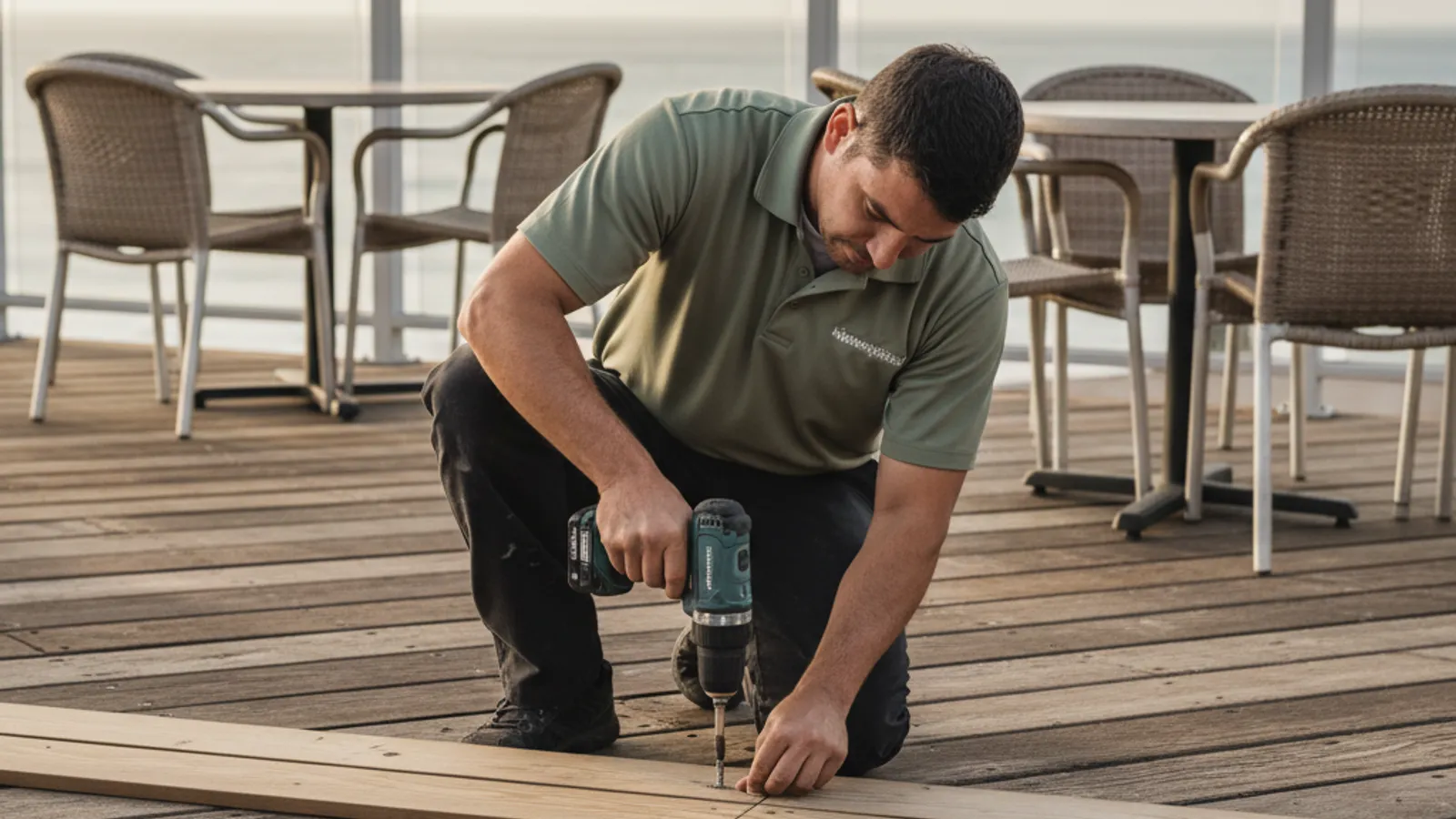 A handyman repairing weathered deck boards on a commercial patio at a San Diego restaurant, ocean light in the background.