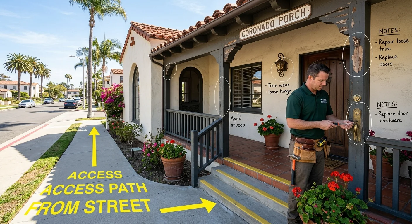 Coronado porch showing door hardware, trim, and the path from the street