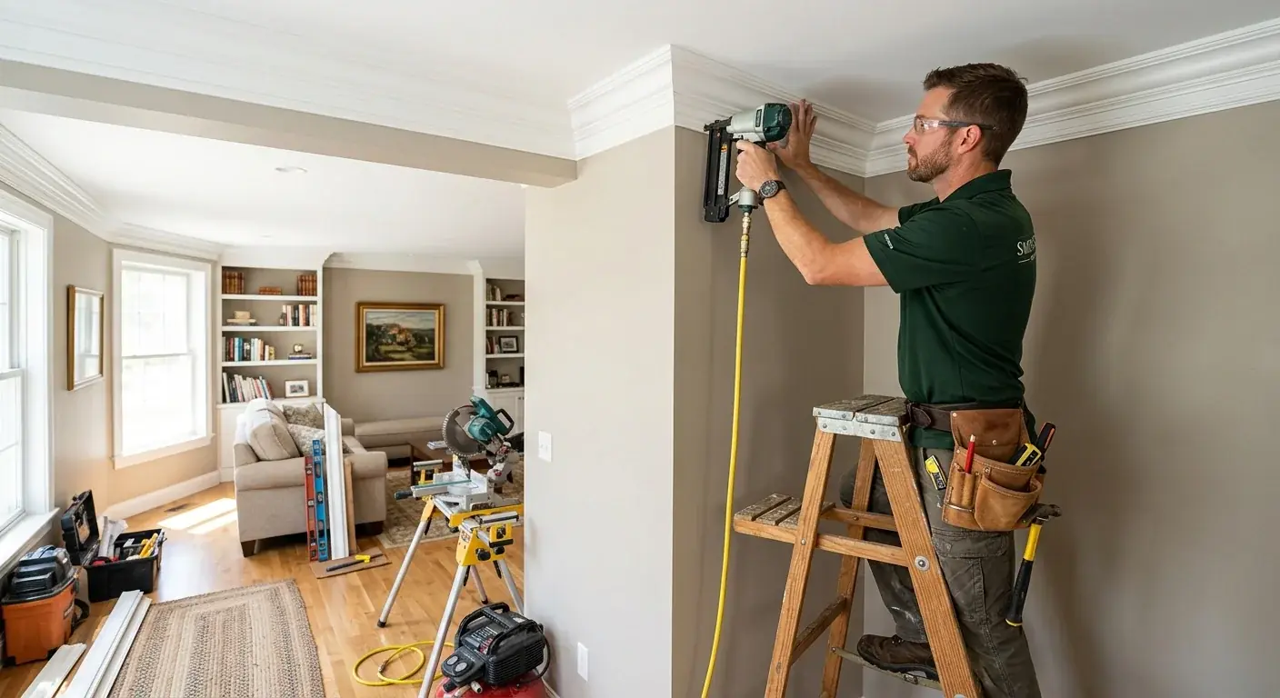 A carpenter fitting crown molding along the ceiling of a San Diego living room with a miter saw set up nearby