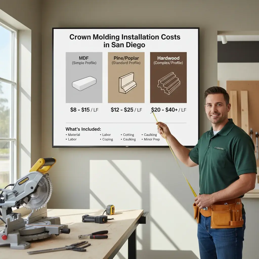 An infographic detailing average crown molding installation costs per linear foot in San Diego, broken down by material type and complexity.