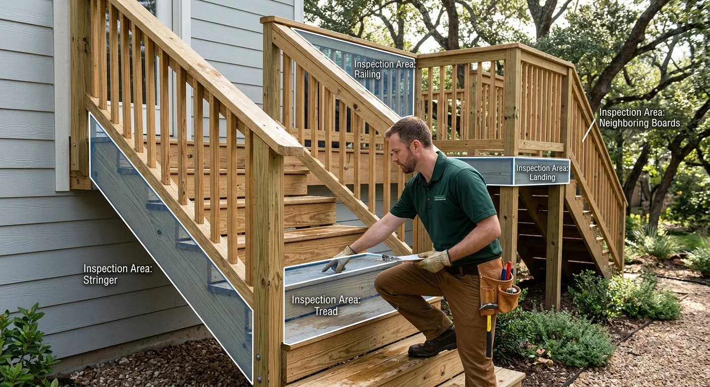 Deck stair parts marked for a repair inspection