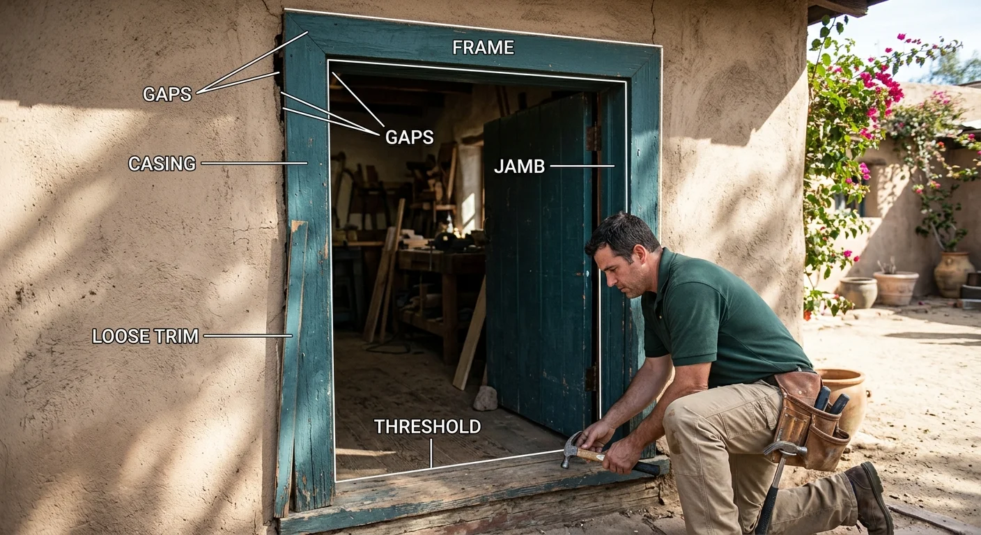Labeled parts and visible trouble spots around an Escondido doorway
