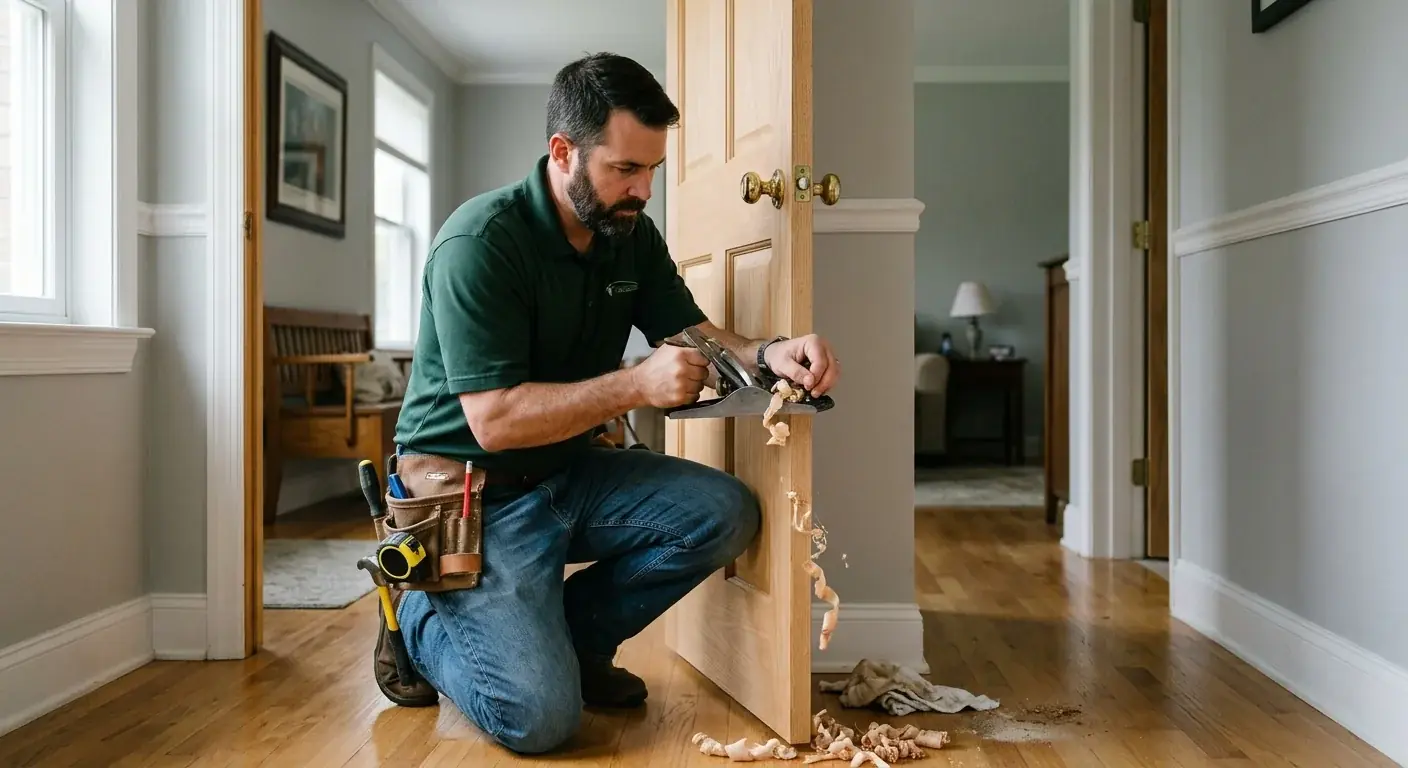 A handyman planing the edge of a sticking interior door to fix the alignment.