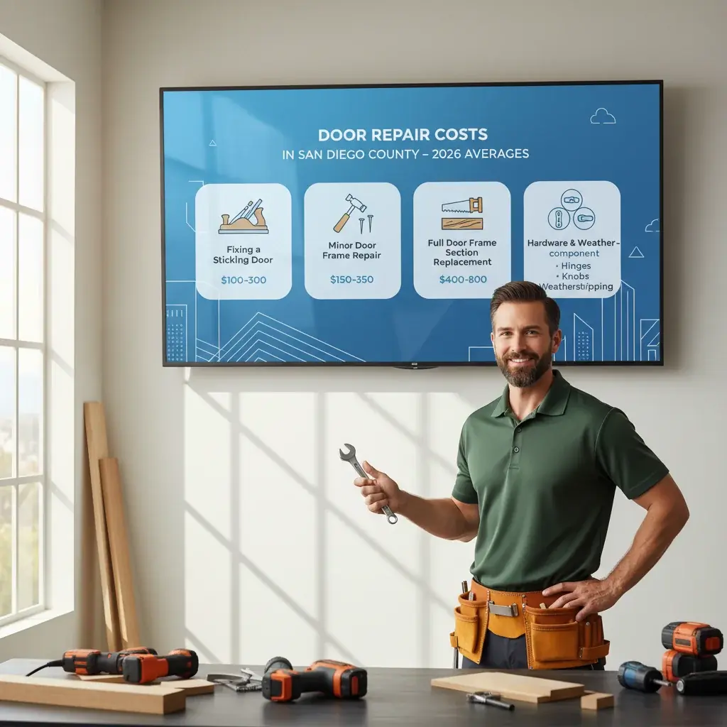 Infographic detailing average door repair costs in San Diego for common issues like sticking doors, hinge replacement, frame repair, and weatherstripping.