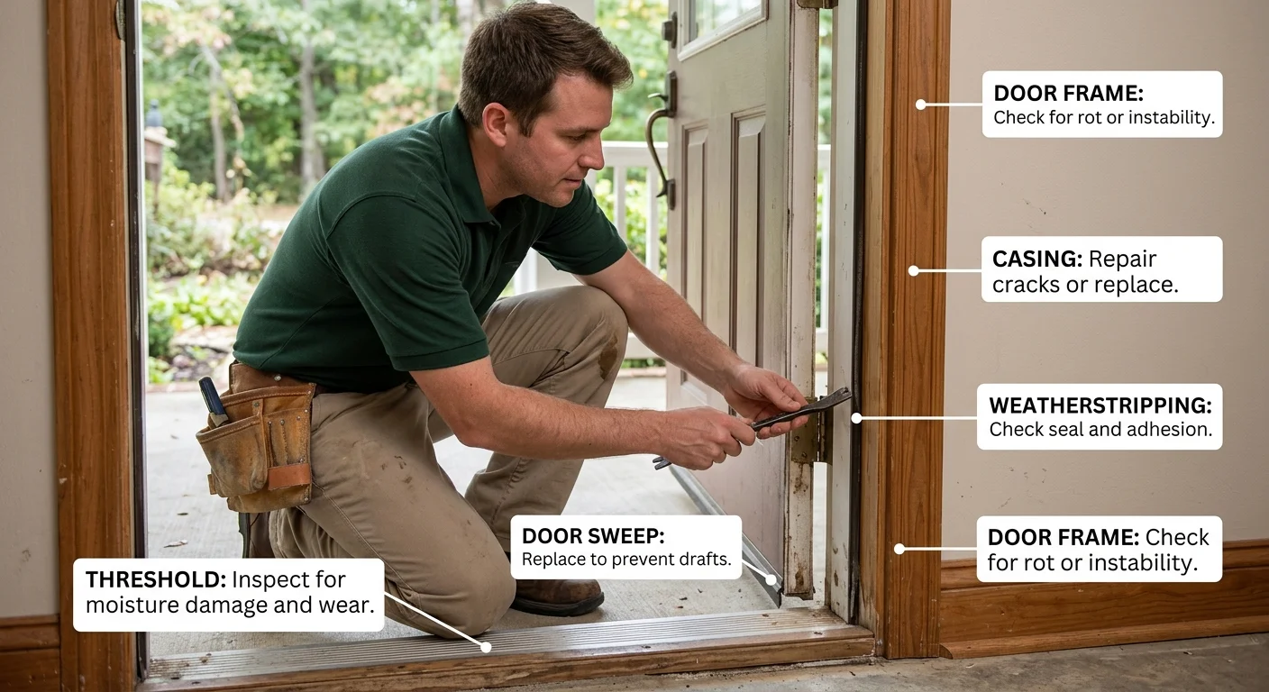 Doorway bottom showing the threshold, sweep, trim, and frame