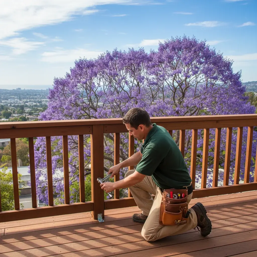 A handyman tightening a railing post on a redwood deck at a San Diego hillside home, jacaranda blooms in background