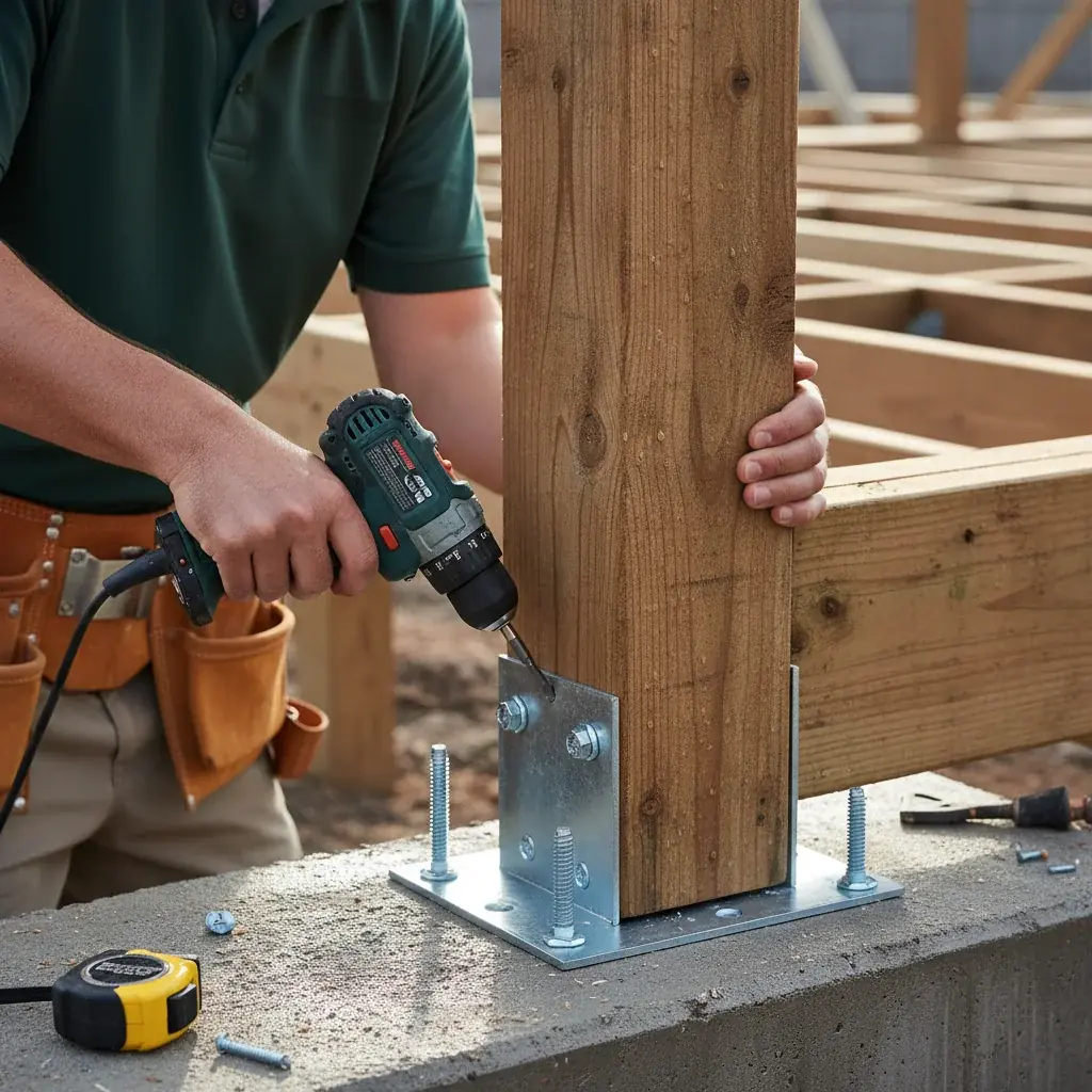 Close-up of a Simpson Strong-Tie post base bracket being secured at the bottom of a deck rail post