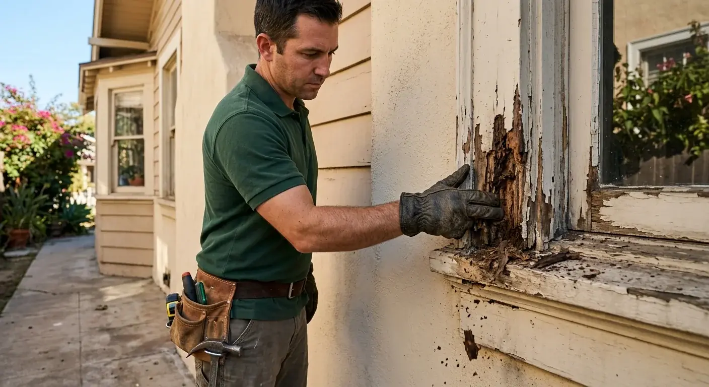 A handyman's gloved hand pressing into a soft, crumbling piece of wood trim on the exterior of a San Diego home to show dry rot.