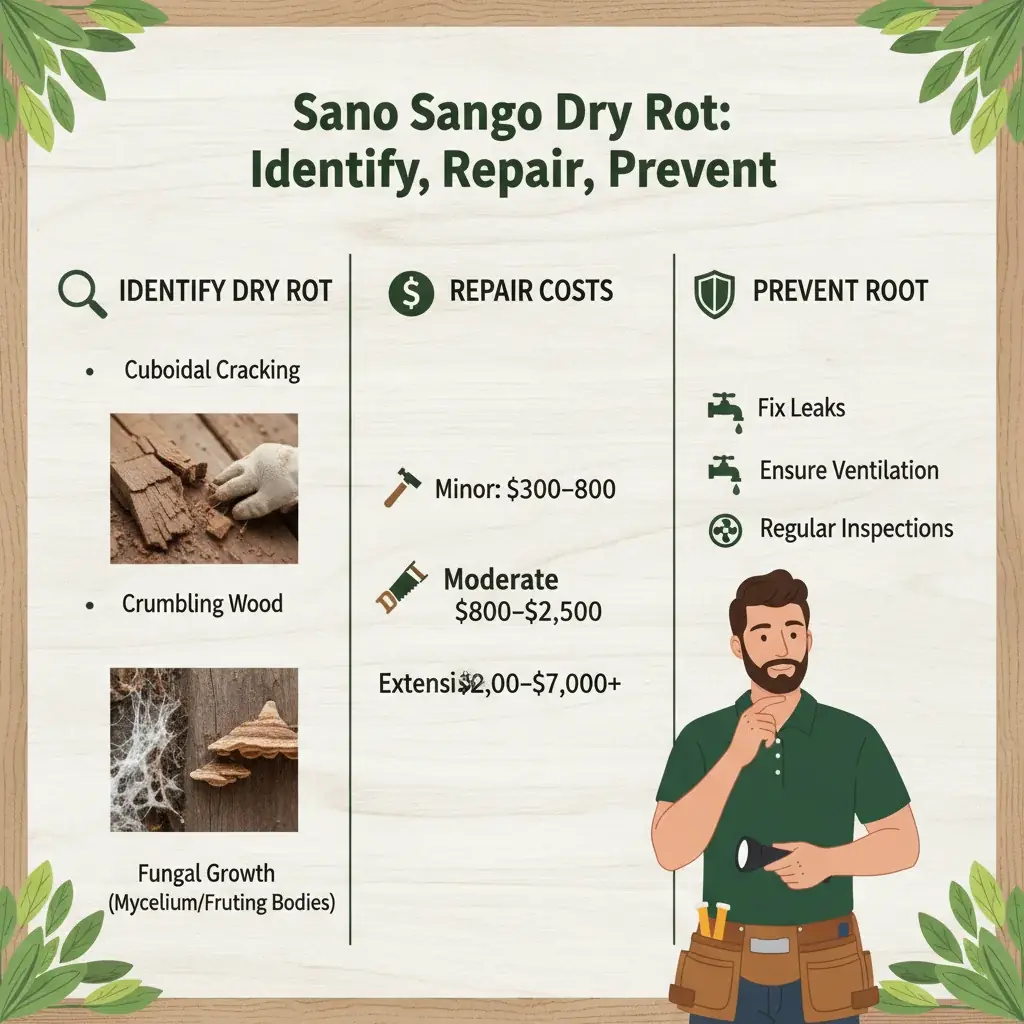 Infographic showing typical dry rot repair costs, identification signs, and prevention steps for San Diego homes.