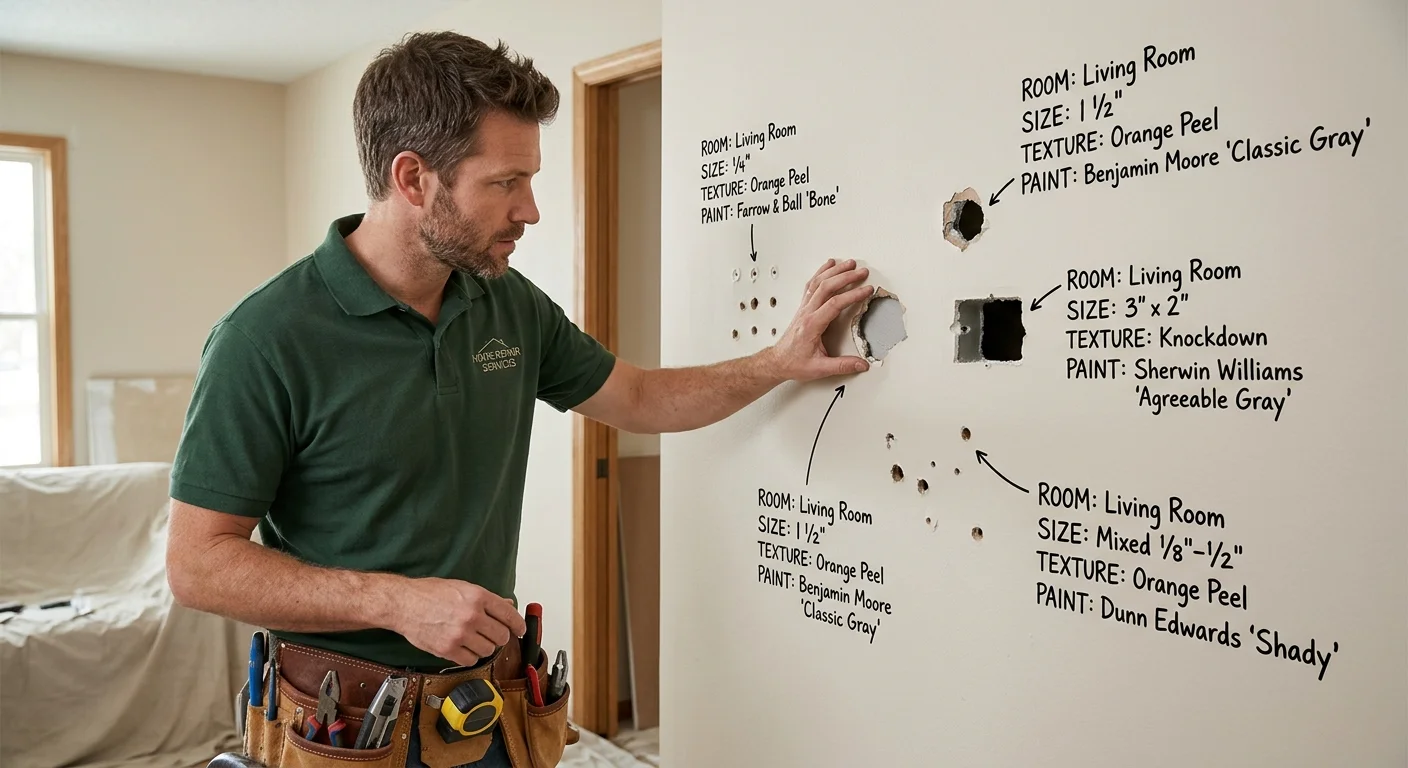 Several drywall holes documented after shelves and mounts were removed