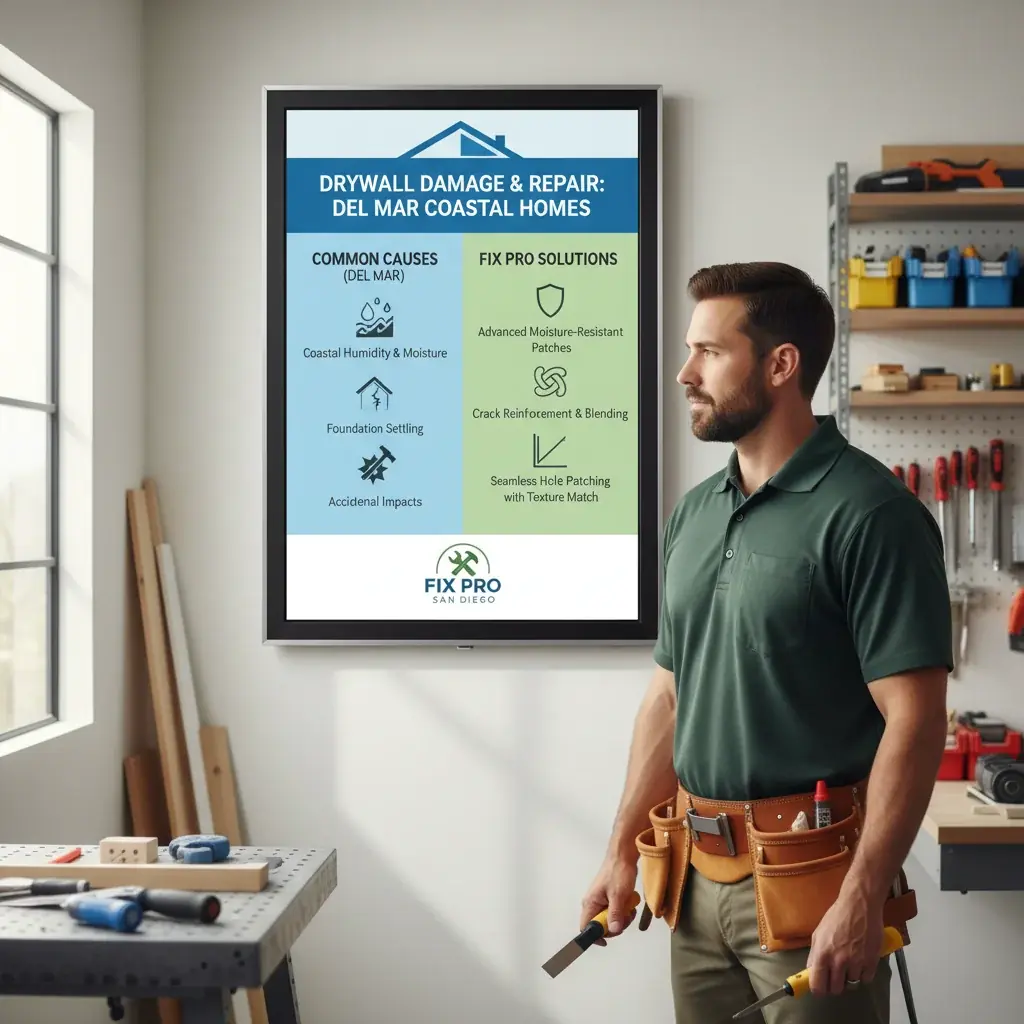 Infographic detailing common causes of drywall damage in coastal homes and how Fix Pro San Diego addresses them.