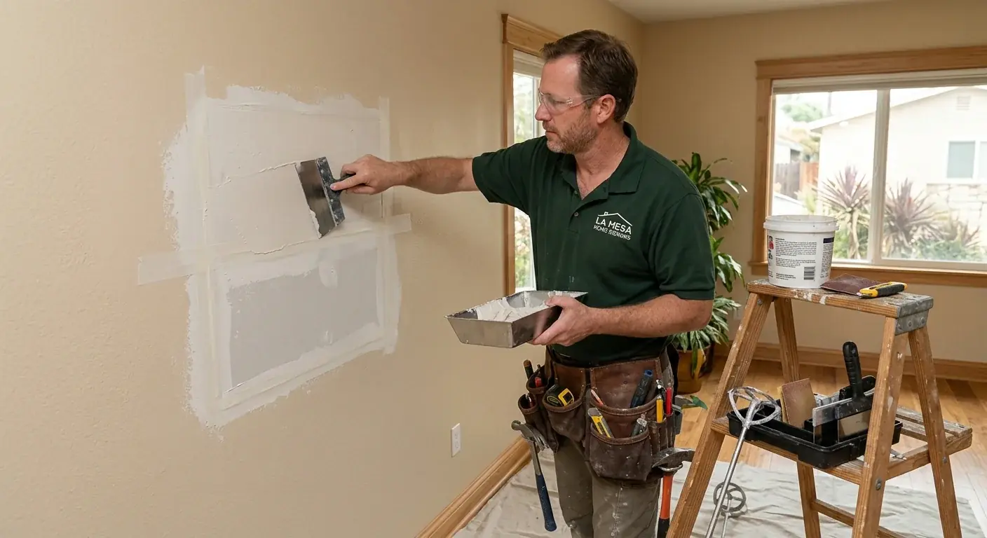 A skilled handyman from Fix Pro San Diego applying joint compound to a freshly repaired drywall patch in a La Mesa living room.