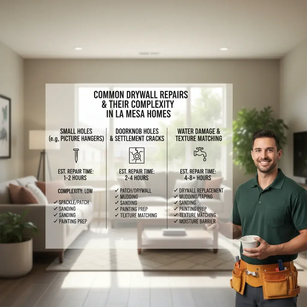 Infographic detailing common drywall repair types in La Mesa homes, including settlement cracks, holes, and water stains, along with typical repair complexity and time estimates.