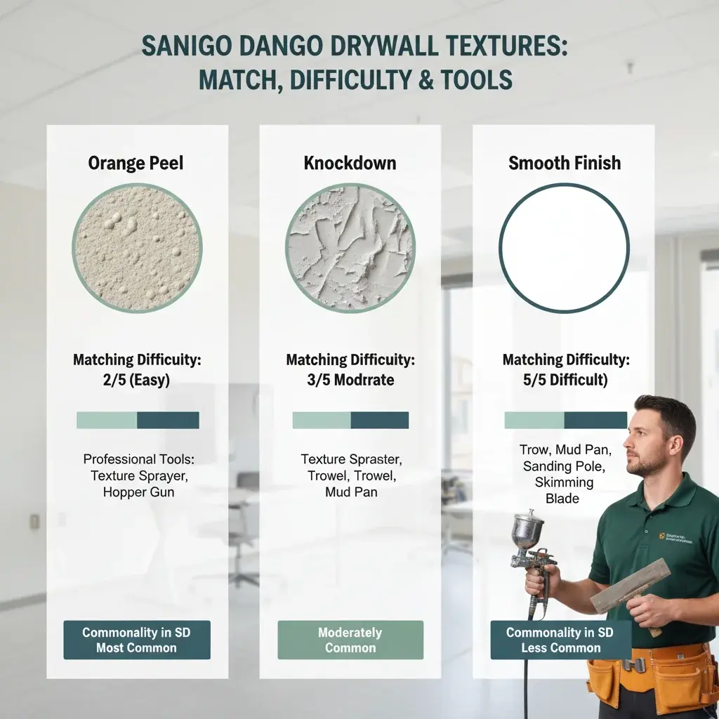 Infographic comparing three common San Diego drywall textures: orange peel, knockdown, and smooth finish, detailing matching difficulty and professional tools.