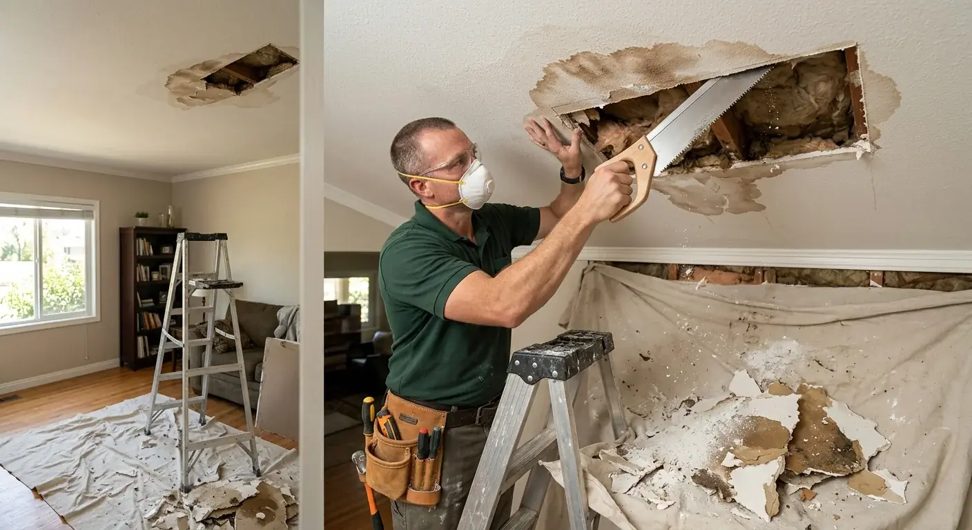 A handyman cutting out a water-stained section of a living room ceiling with a drywall saw, drop cloth below, San Diego home