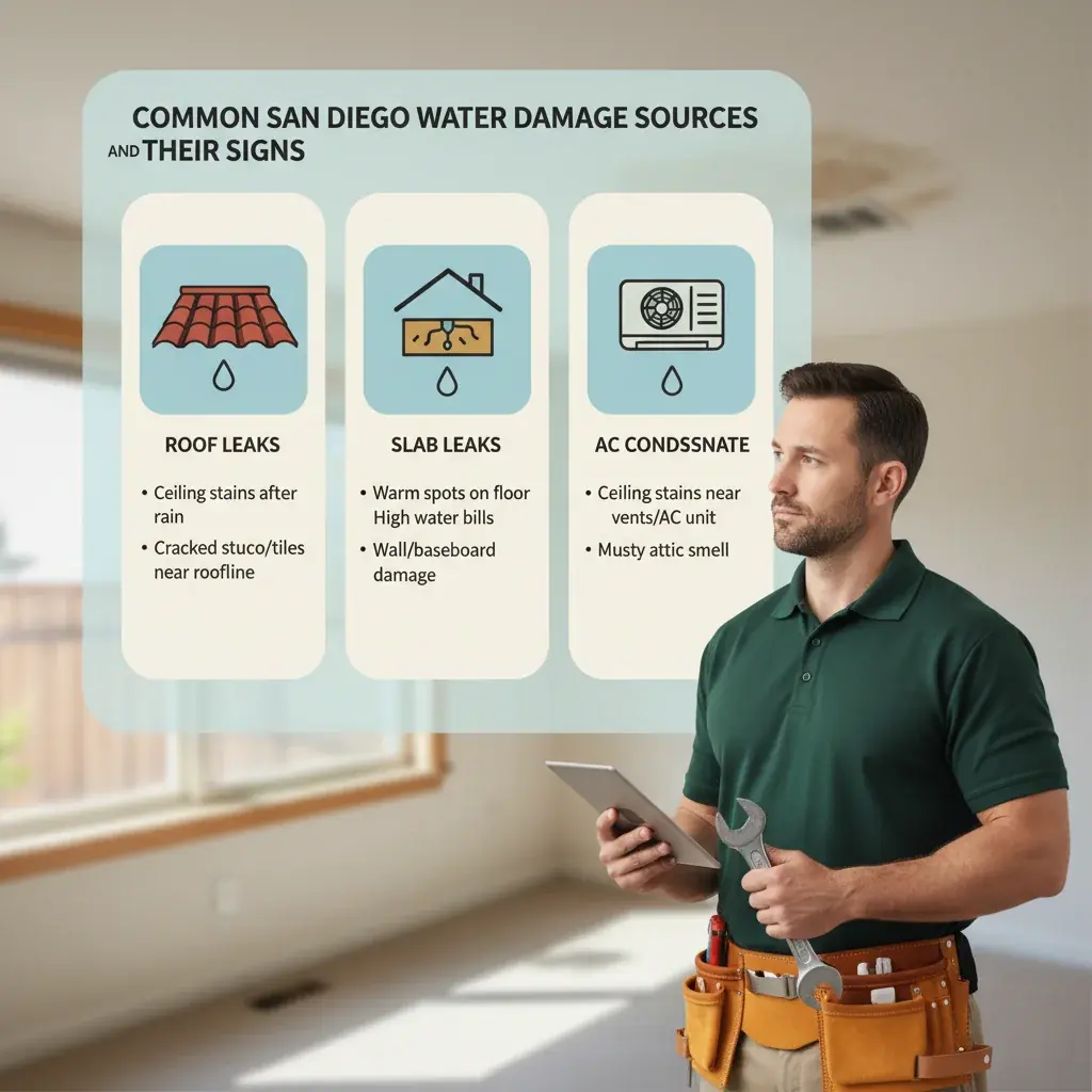 Infographic showing three common San Diego water damage sources (roof, slab leak, AC condensate) with typical signs and locations of drywall damage.