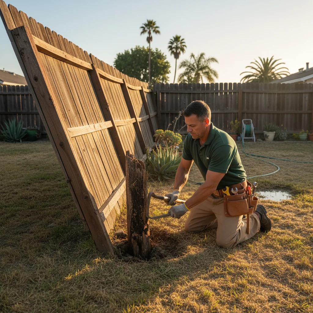 A leaning wood fence section with a clearly rotted post base, San Diego backyard