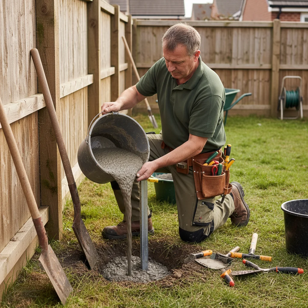 A handyman bracing a fence post with a steel post-mender bracket while pouring fresh concrete, work boots and tools visible