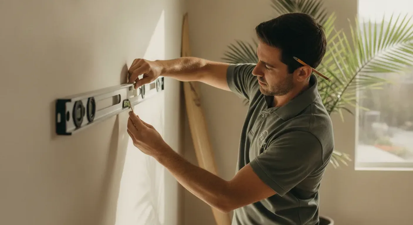 A handyman measuring and leveling a floating shelf bracket against a painted interior wall in a San Diego home