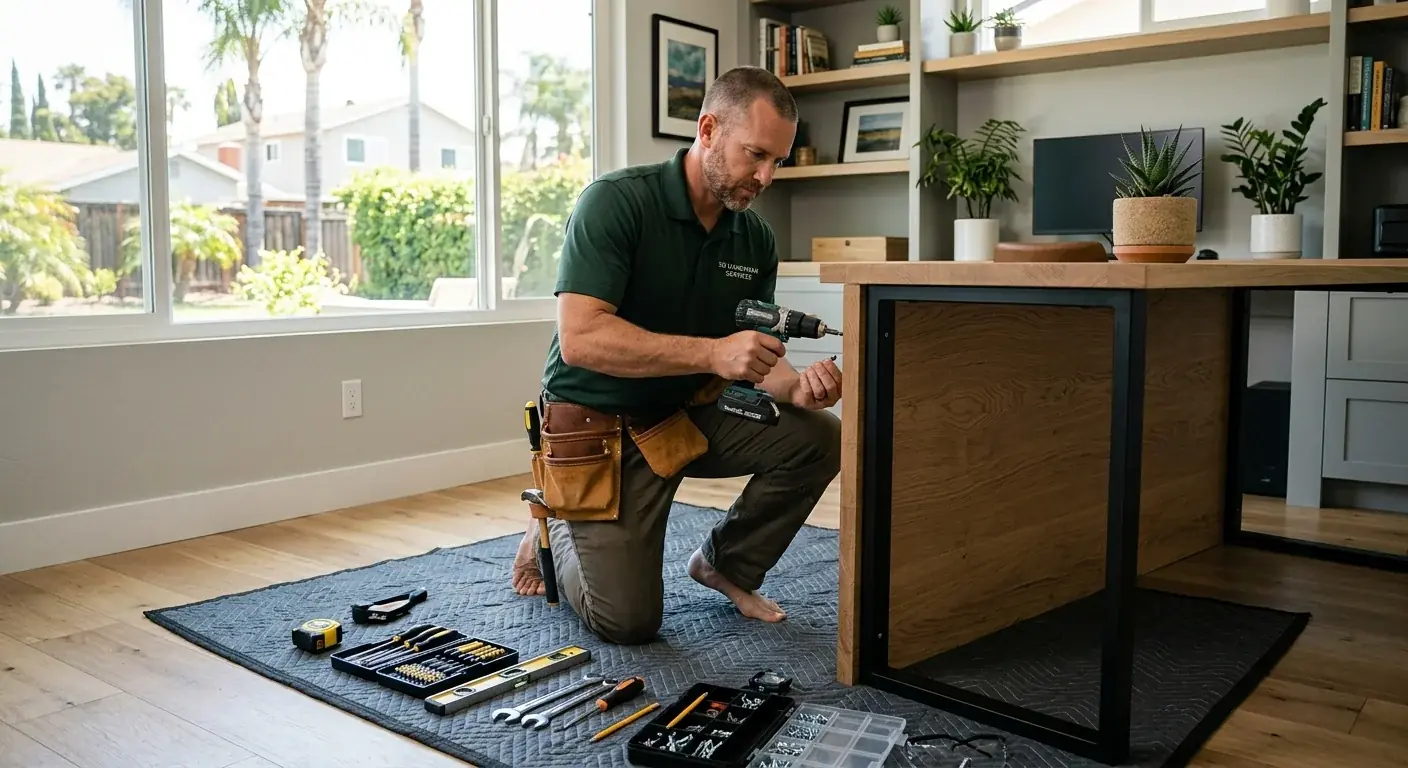 A handyman assembling a modern wooden desk in a San Diego home office, with tools laid out neatly on a blanket.
