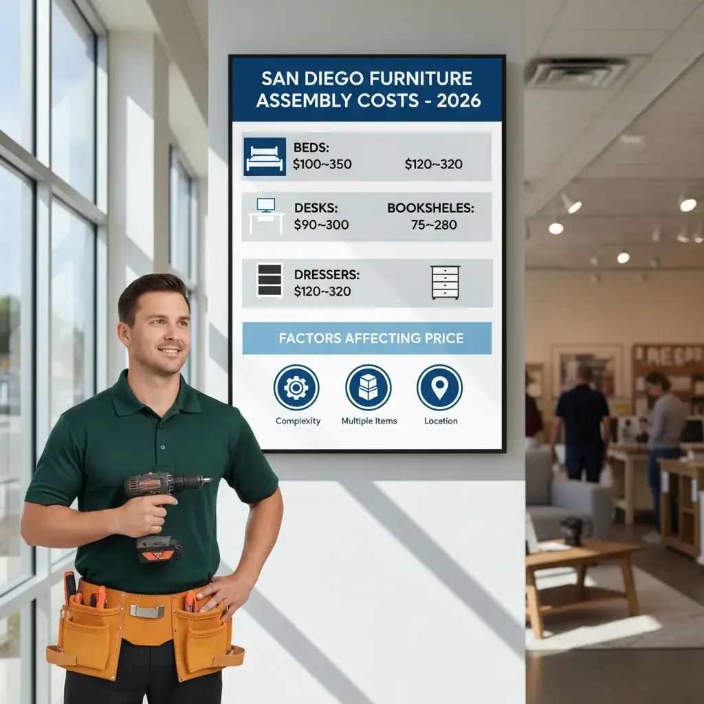 Infographic displaying average furniture assembly costs in San Diego for beds, desks, dressers, and bookshelves, highlighting factors influencing price.