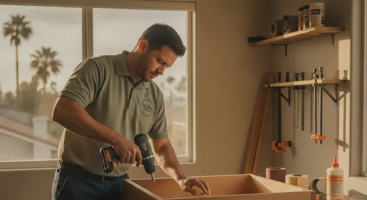 A handyman repairing a wooden cabinet drawer slide in a San Diego home workshop.