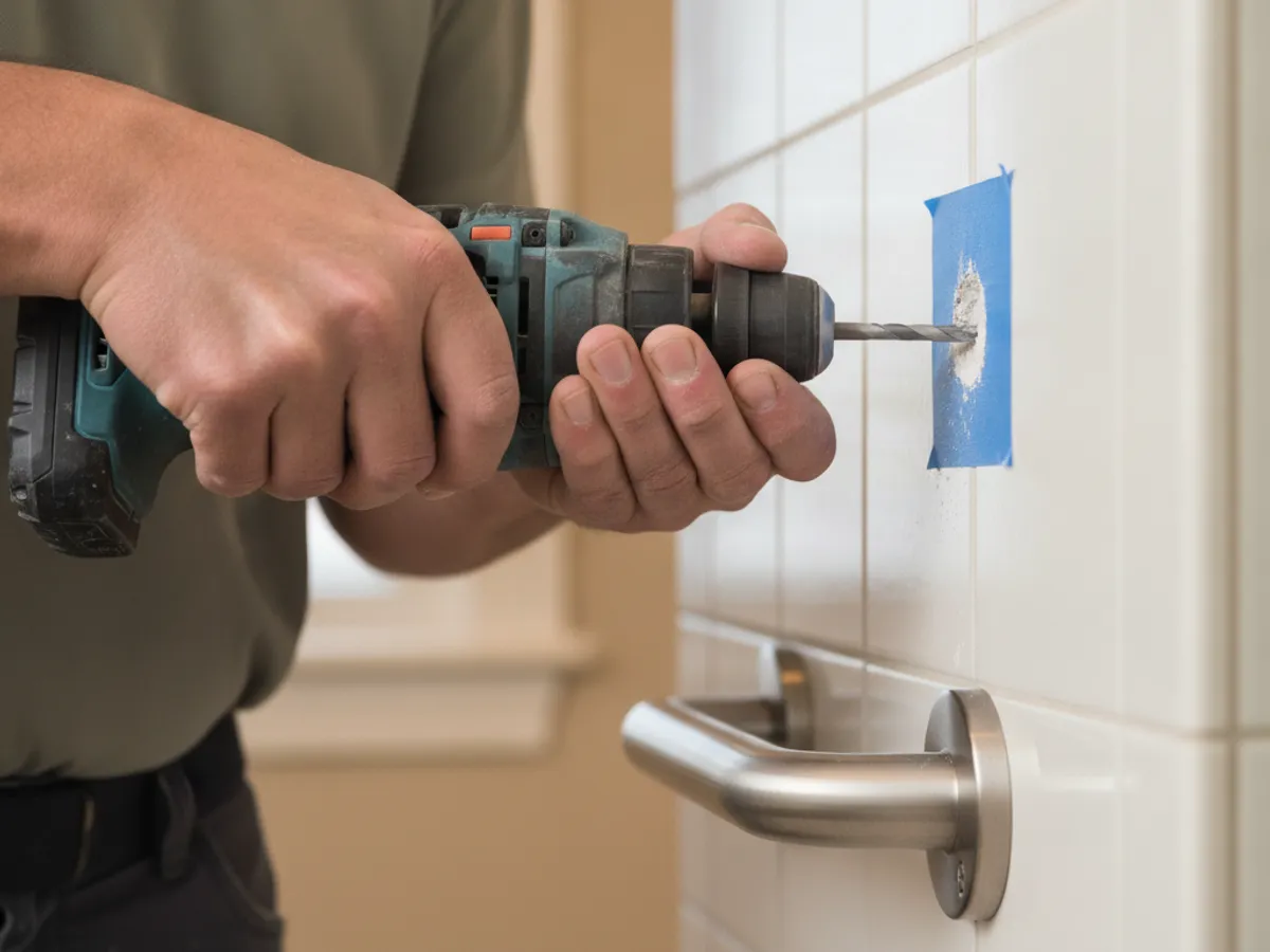 Primer plano de un manitas taladrando a través de azulejo cerámico de baño con una broca de carburo antes de colocar un anclaje de barra de apoyo