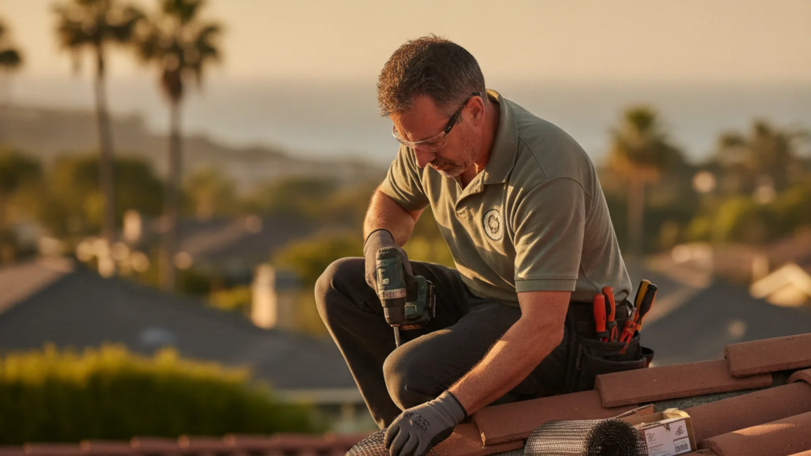 Handyman installing mesh gutter guards on a San Diego home